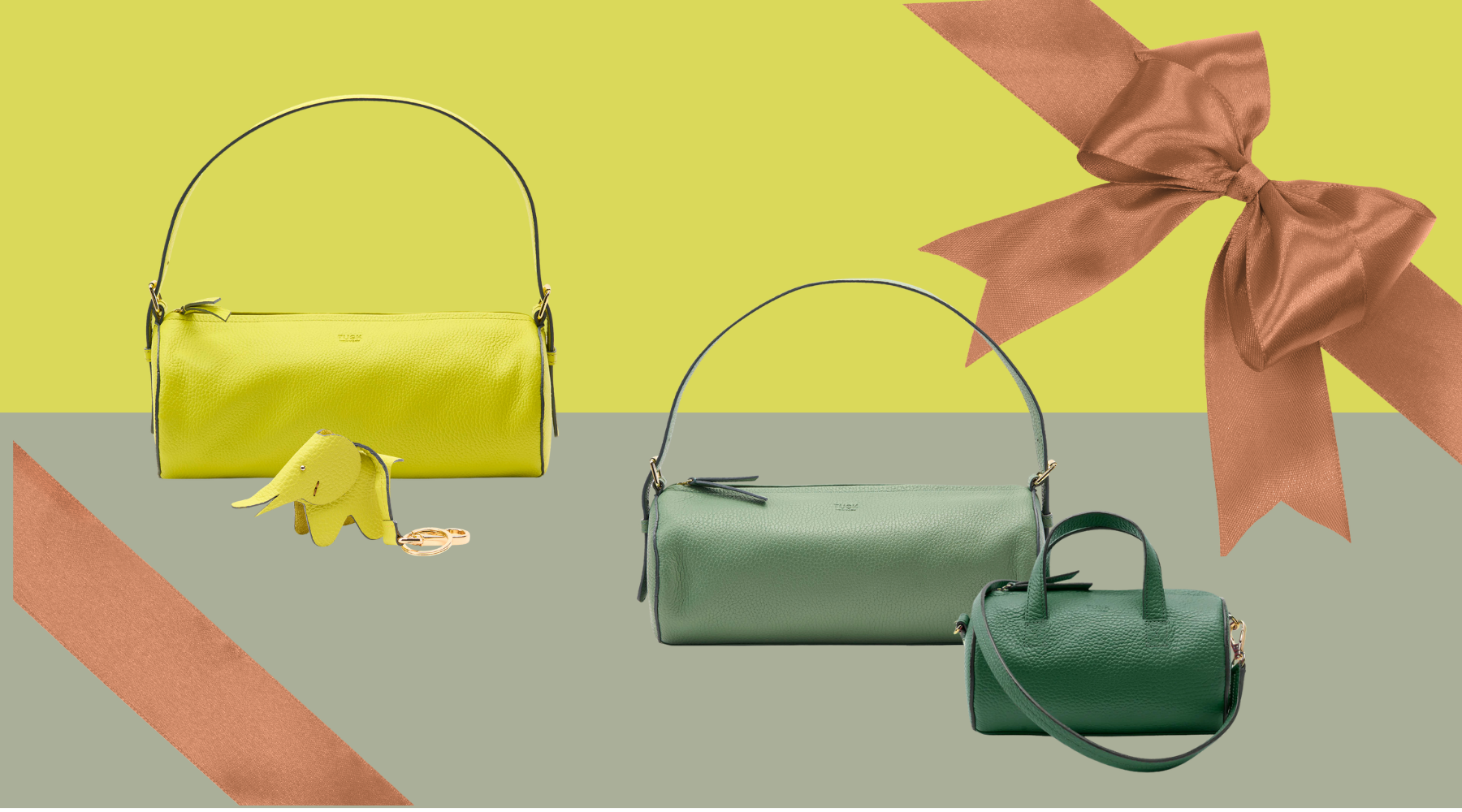 Two handbags, one yellow and one green, on a colorful background with a pink bow.