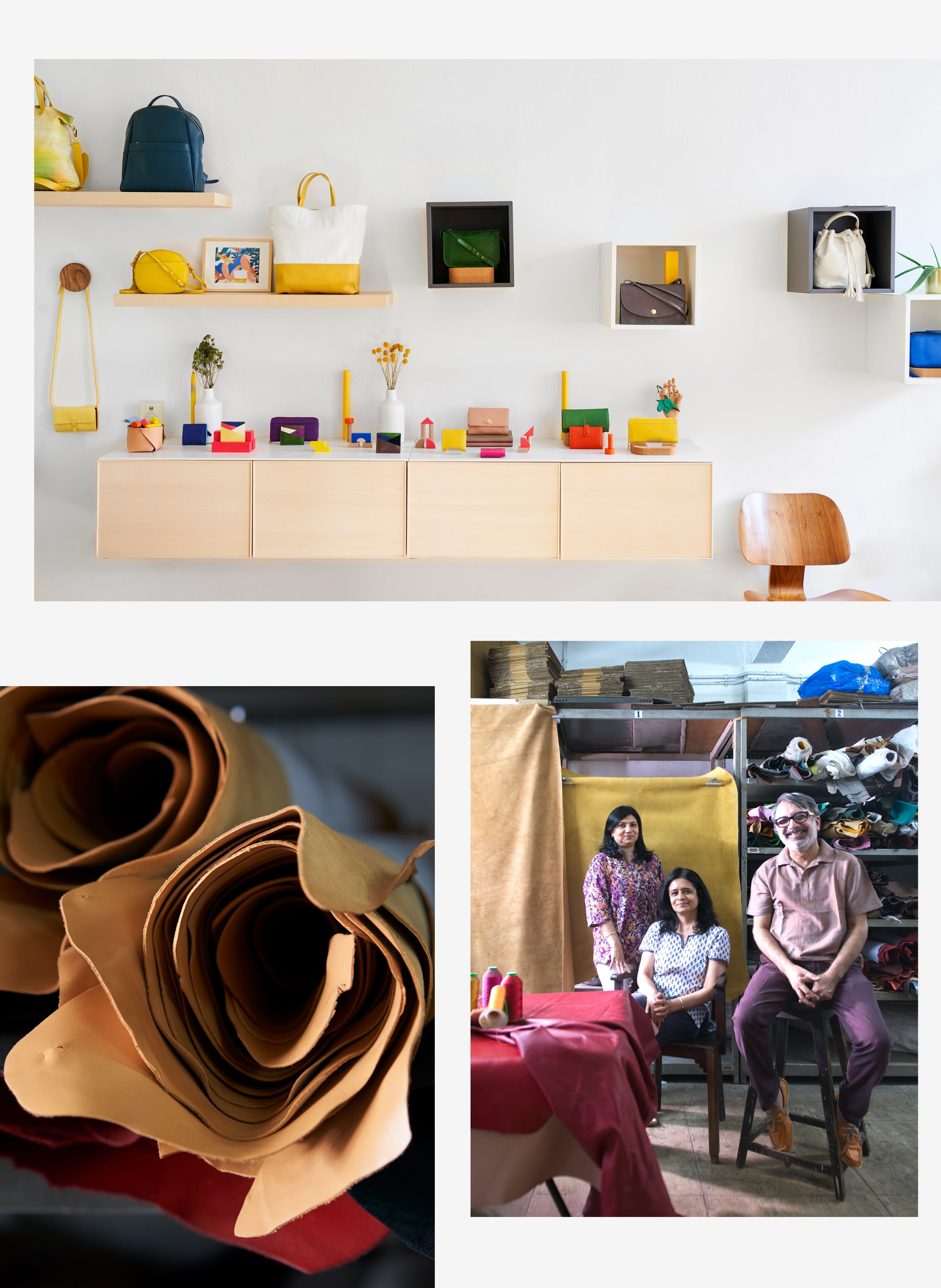 A collage of three images: neatly organized product shelf;  leather rolls and a family portrait.