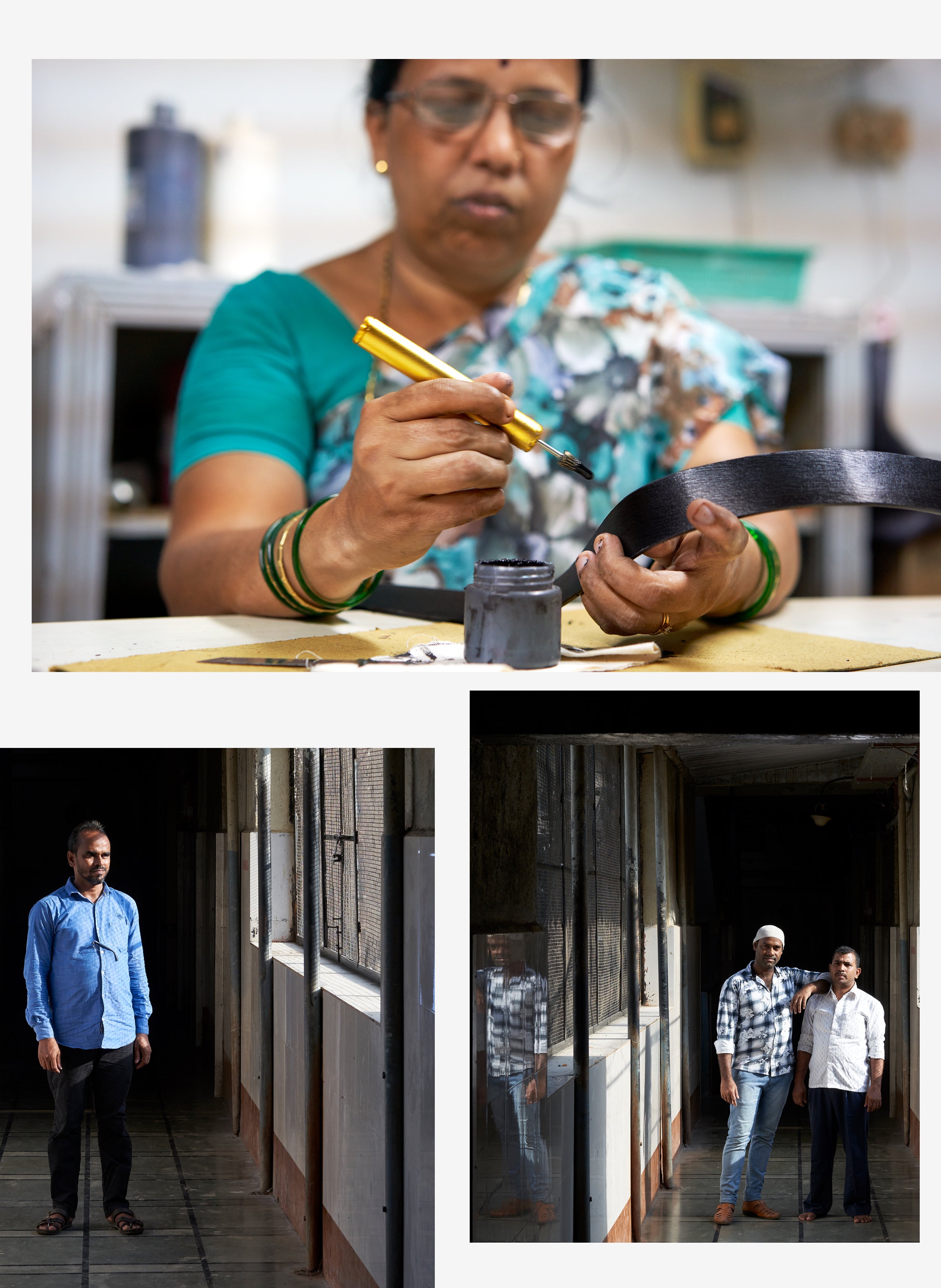 A collage of three images: a woman crafting, a man standing alone, and two men by a doorway.