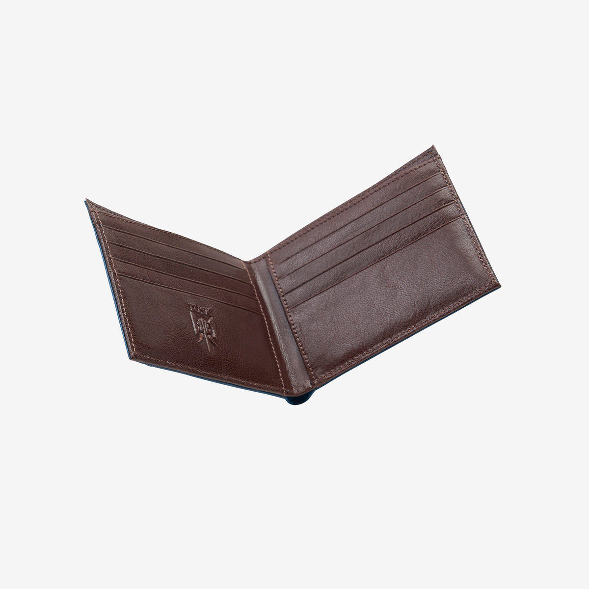 tusk 108 mens leather billfold with slide pocket blue and chocolate open - BLUE/CHOCOLATE