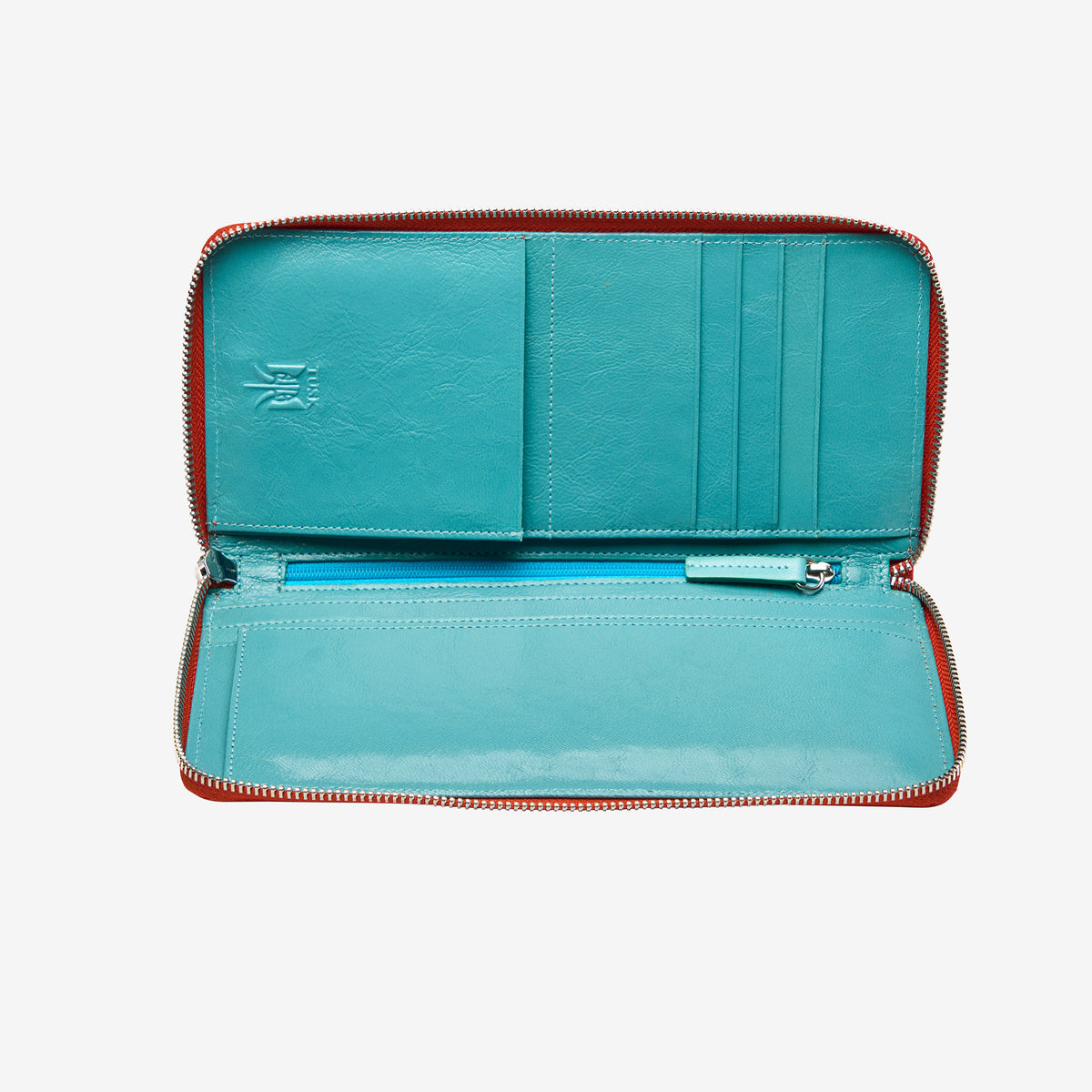 tusk 166 womens leather zip travel portfolio orange and sky open  - ORANGE/SKY