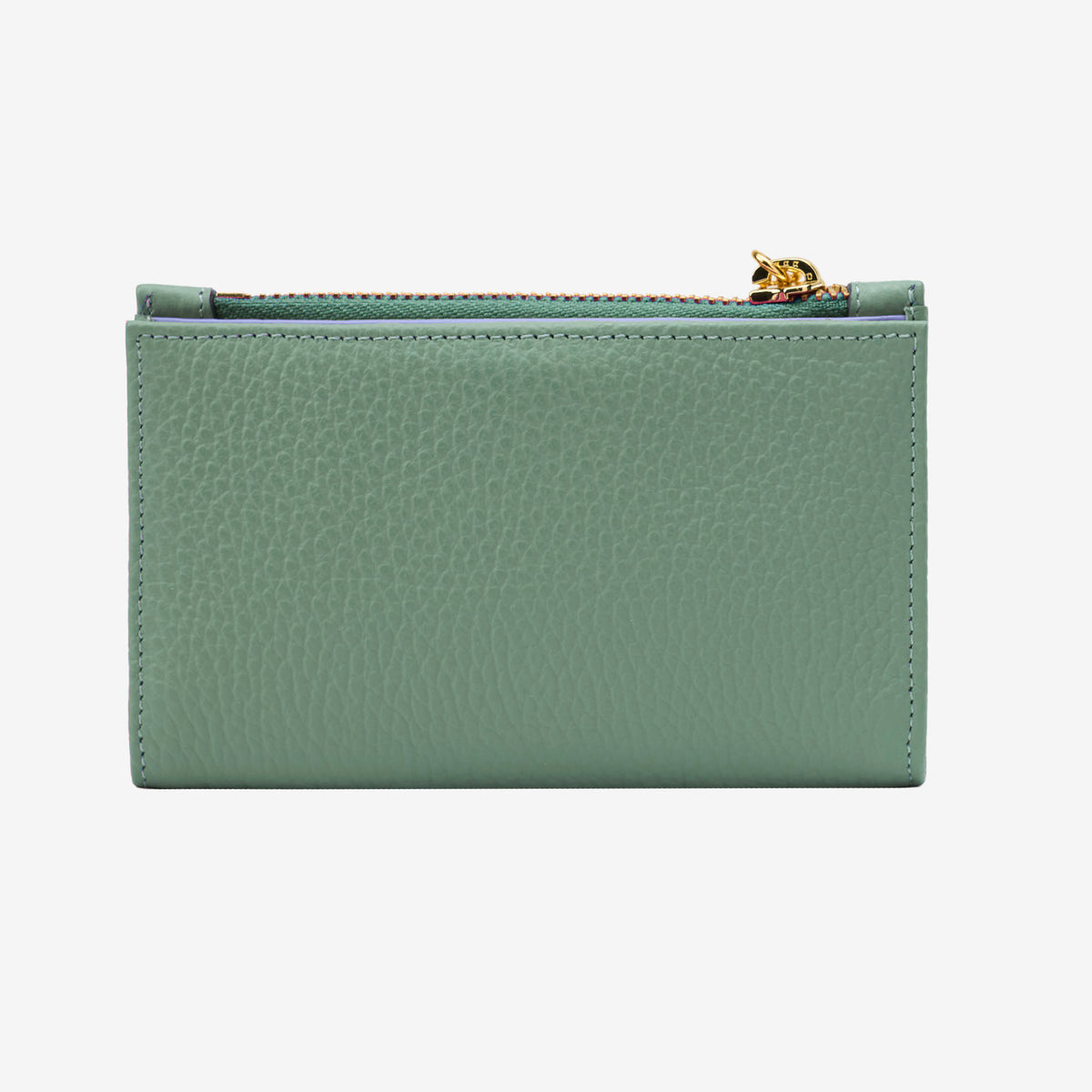 Green wallet with a gold zipper on a white background - SAGE