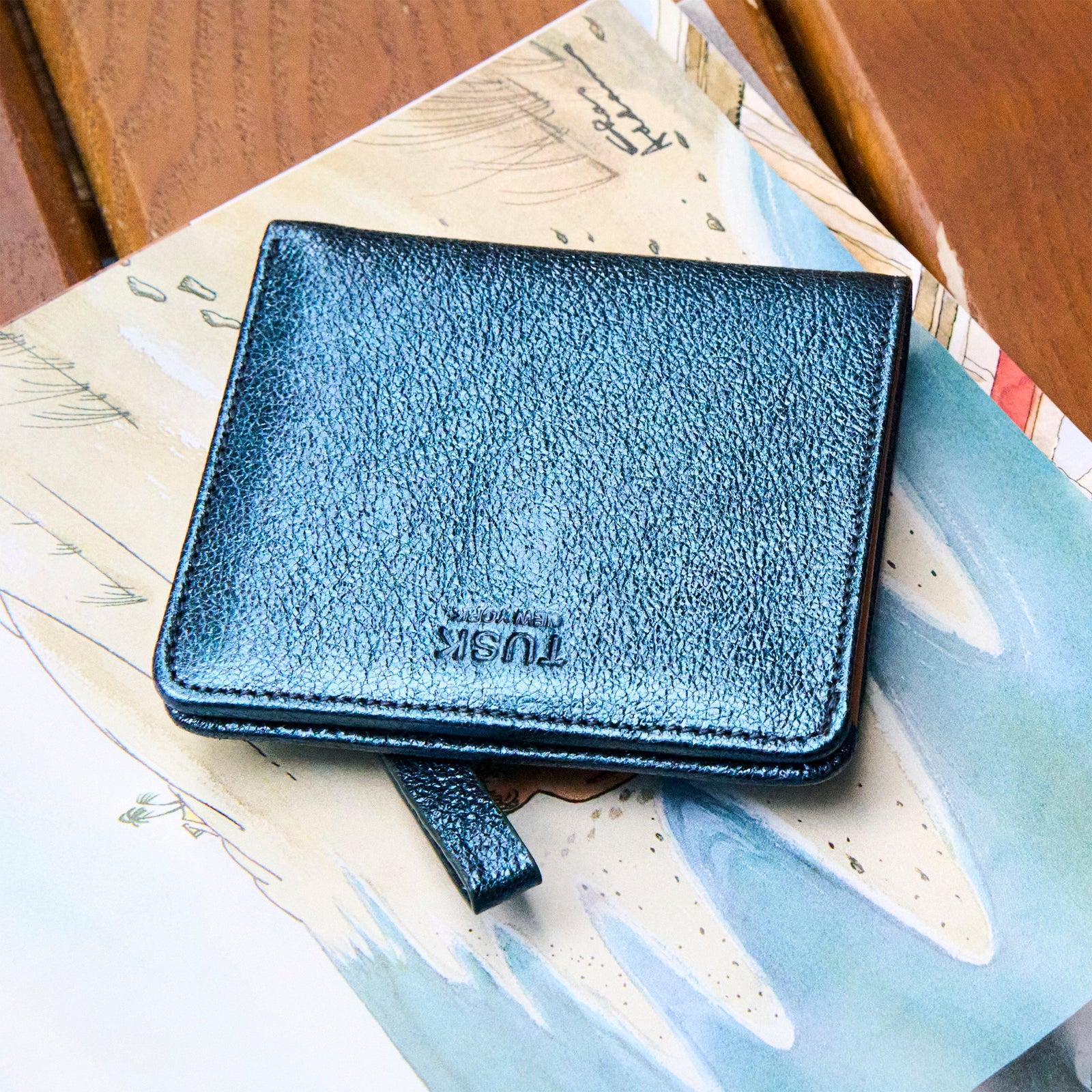 tusk 486 metallic leather snap evening wallet navy front - NAVY
