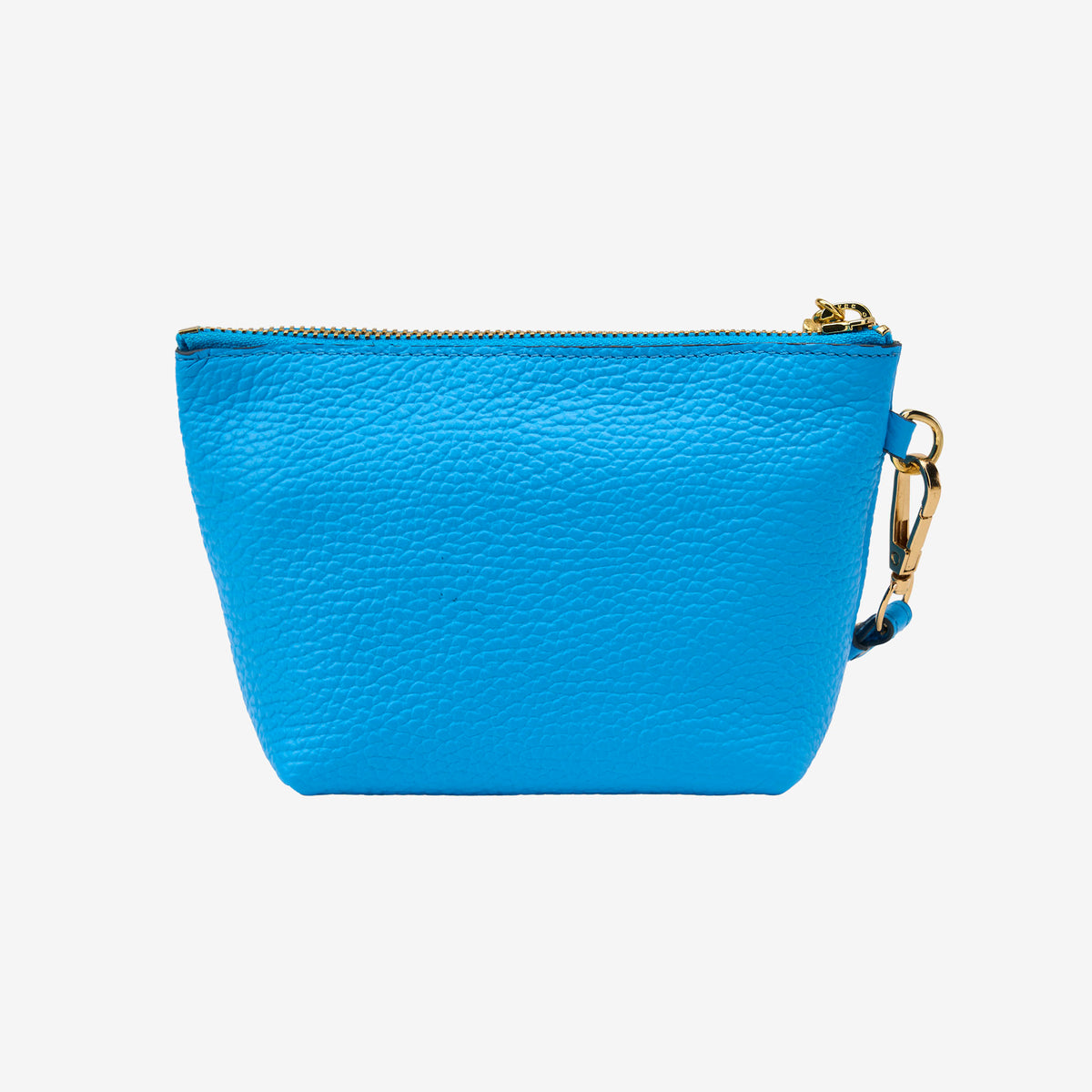 Blue cosmetic beauty pouch with a gold zipper on a light gray background - AZURE