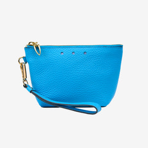 Blue cosmetic beauty pouch with gold clasp on a white background - AZURE