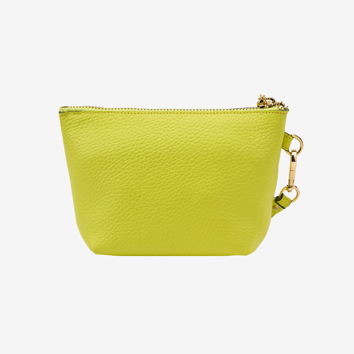 Back of yellow cosmetic beauty pouch with a gold zipper on a light gray background - LIME