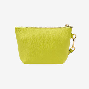 Back of yellow cosmetic beauty pouch with a gold zipper on a light gray background - LIME