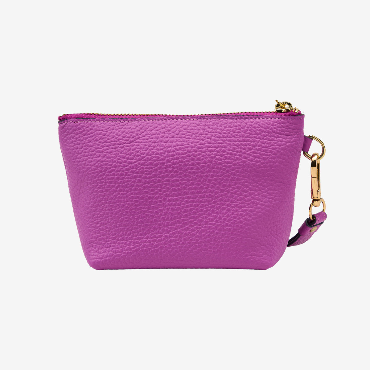 Purple cosmetic beauty pouch with gold zipper and strap on a light gray background - MAGENTA