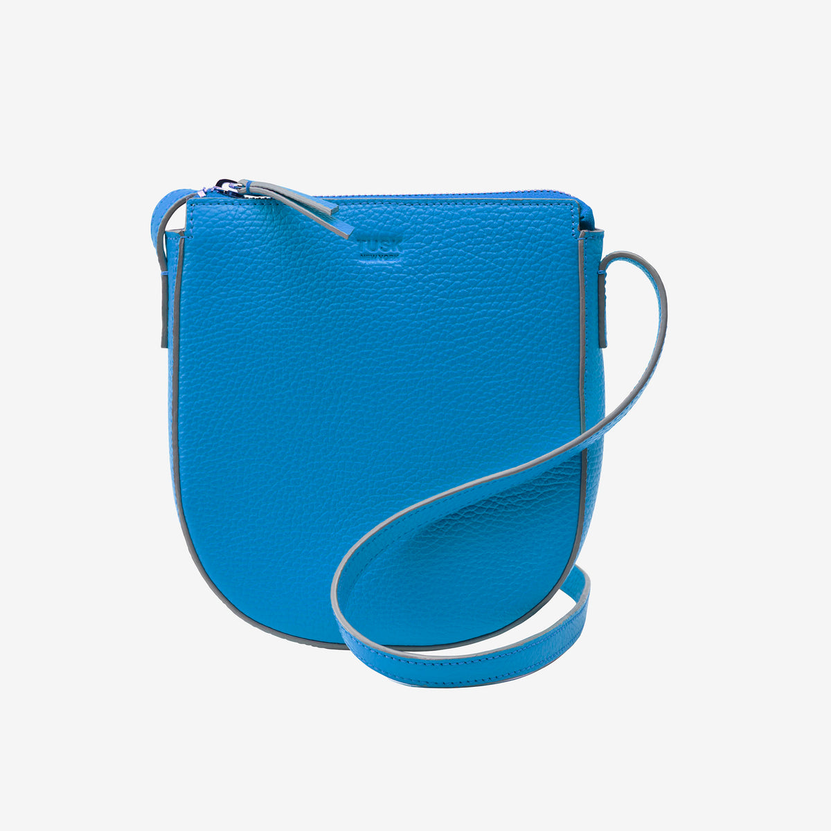 Blue italian eather crossbody bag on a light gray background - AZURE
