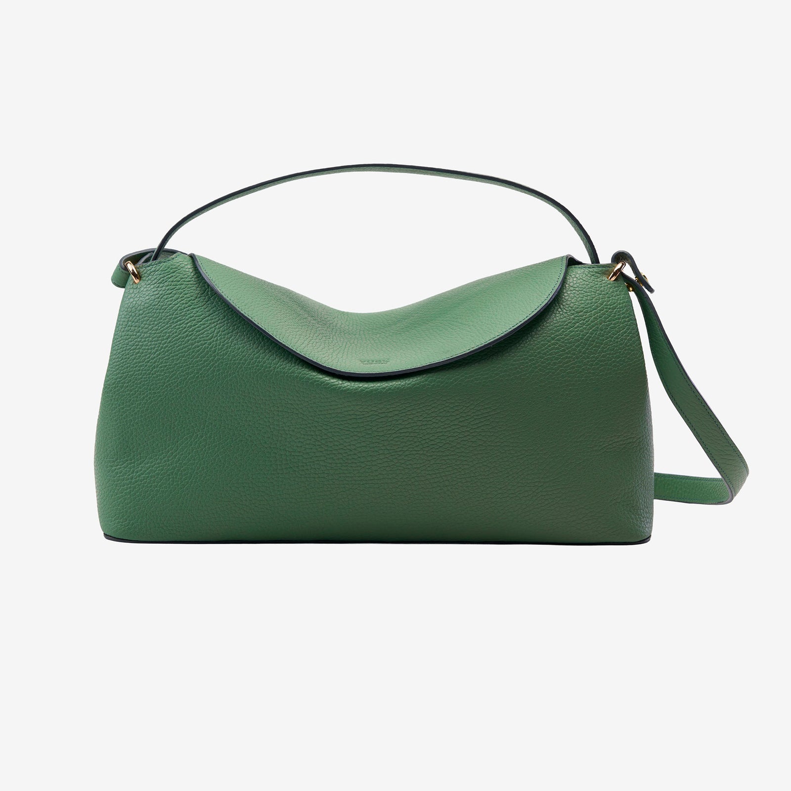 Green leather handbag with a strap on a white background - FOREST