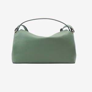 Back of green Italian leather handbag with a strap on a white background - SAGE
