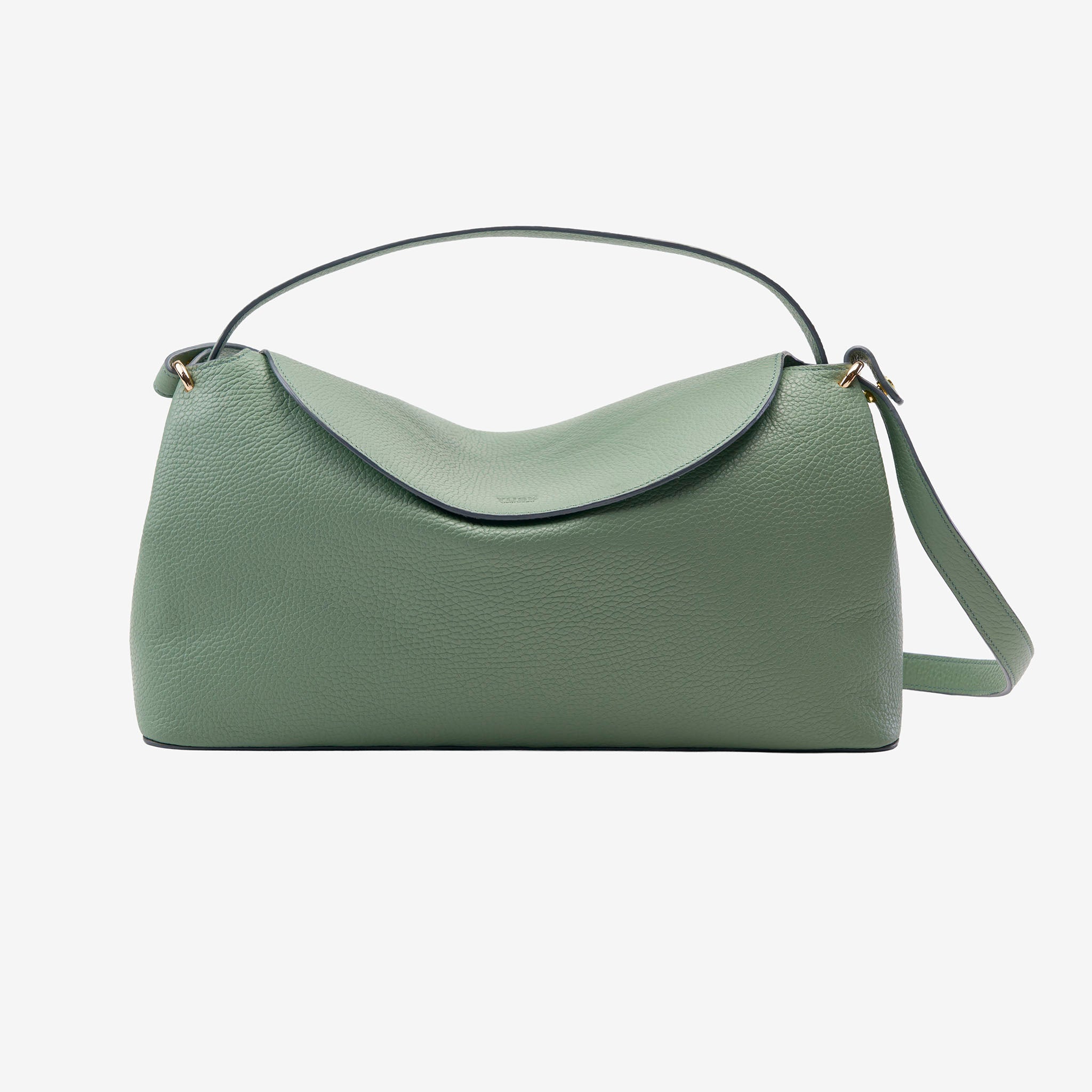 Green Italian leather handbag with a strap on a white background - SAGE