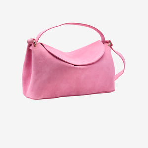 Pink suede handbag on a light gray background - BLUSH