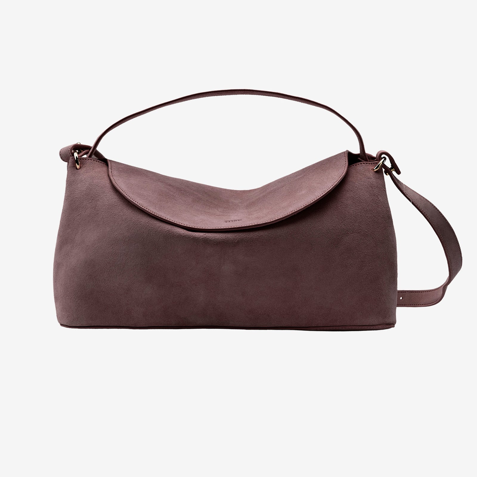 Brown italian suede leather handbag with a shoulder strap on a white background - BROWN