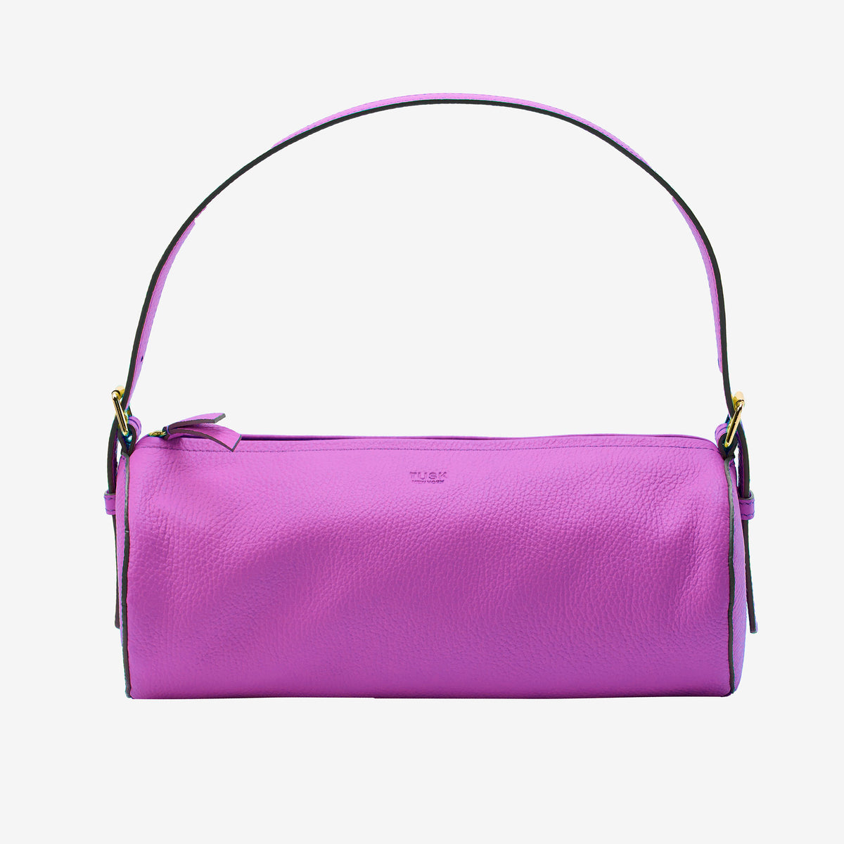 Purple Italian leather handbag with a gold clasp on a light gray background - MAGENTA