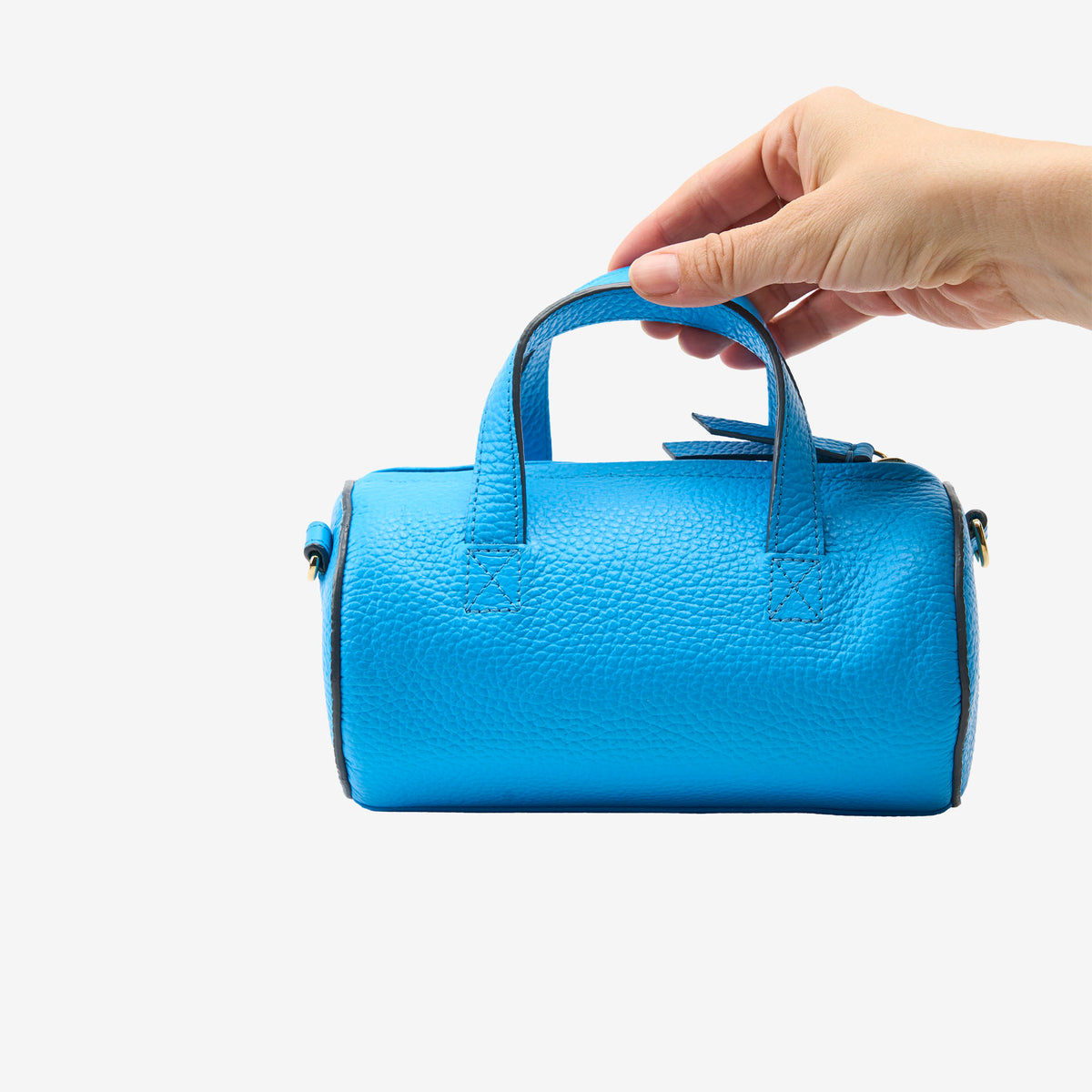 sai mini barrel bag azure italian leather hand scale view - AZURE
