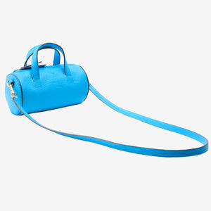 sai mini barrel bag azure italian leather angle view long strap - AZURE