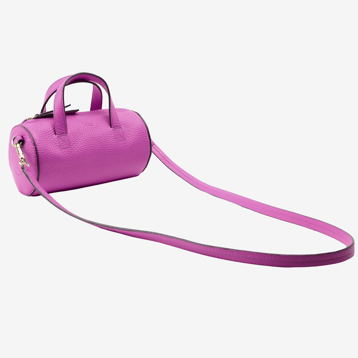 sai mini barrel bag magenta italian leather angle view long strap - MAGENTA
