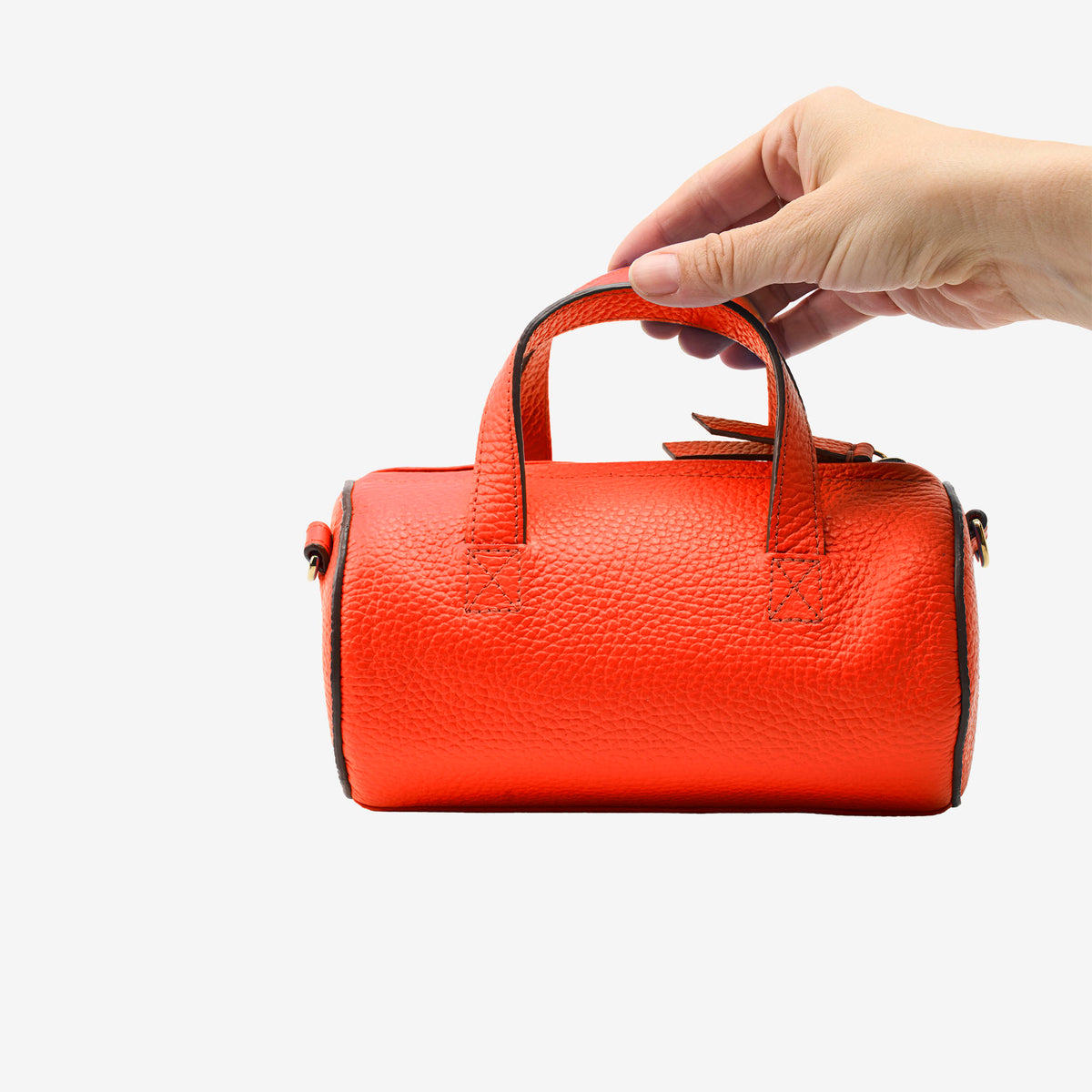 sai mini barrel bag orange italian leather hand scale view - ORANGE