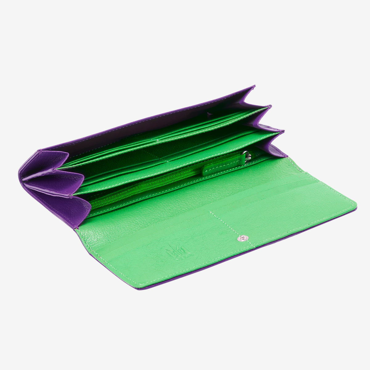 tusk 494 womens siam leather accordion wallet purple and grass open - PURPLE/GRASS