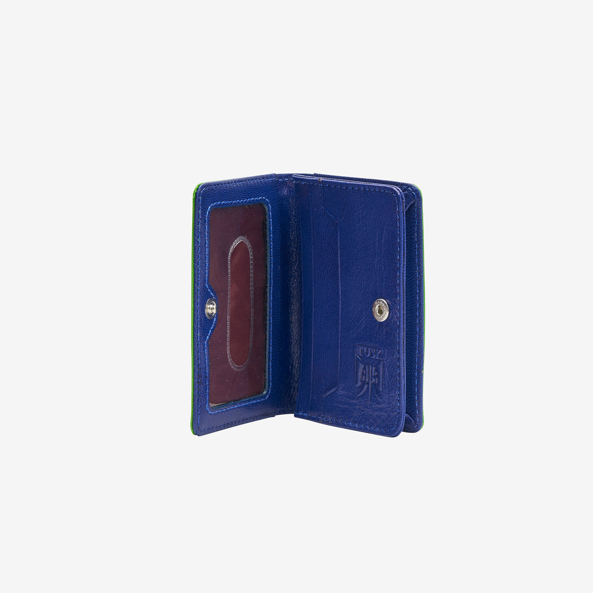 tusk 138 womens siam leather gusseted card case grass and indigo open -  GRASS/INDIGO