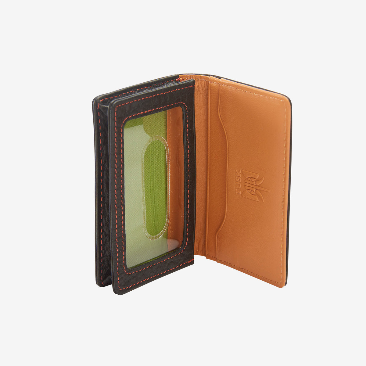 Card case in italian leather standing open on white background - BLACK