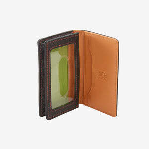 Card case in italian leather standing open on white background - BLACK