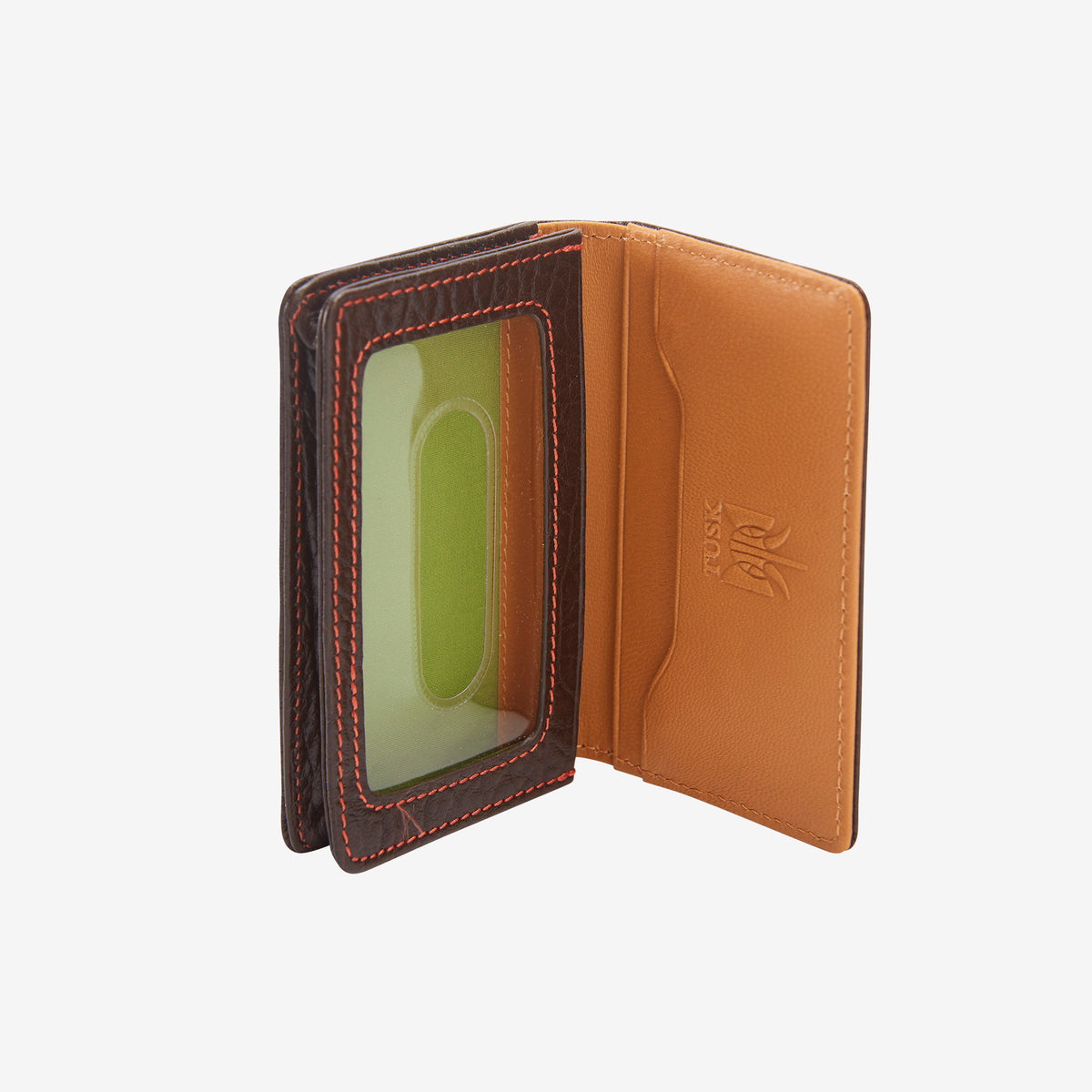 Card case in italian leather standing open on white background - CHOCOLATE