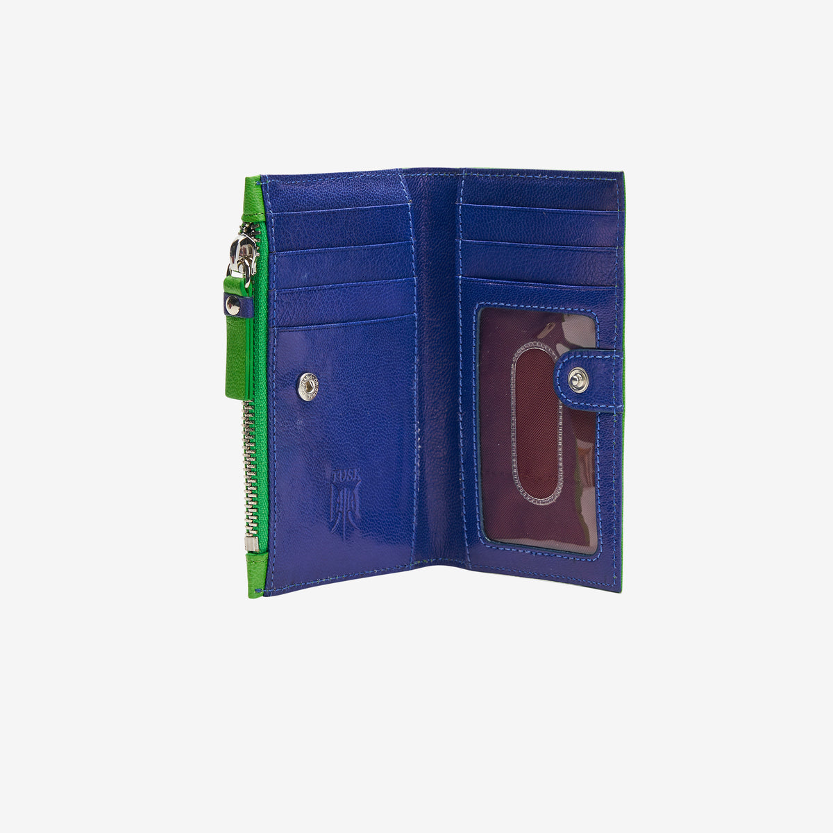tusk 383 leather slim card case with zip grass and indigo open - GRASS/INDIGO