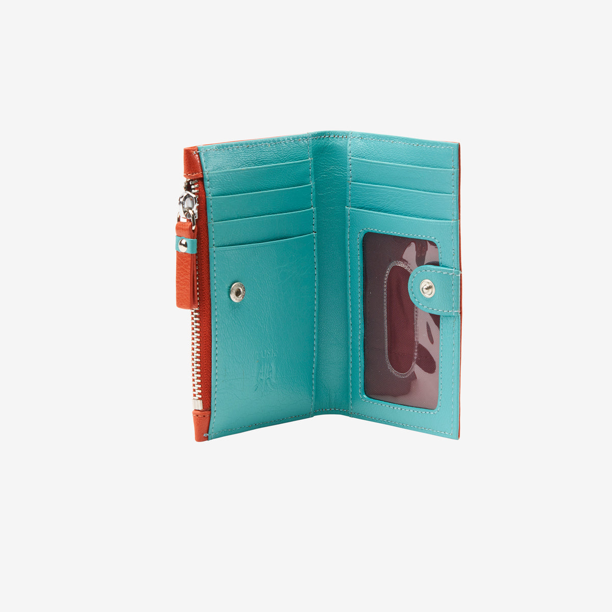 tusk 383 leather slim card case with zip coin pocket orange and sky open - ORANGE/SKY