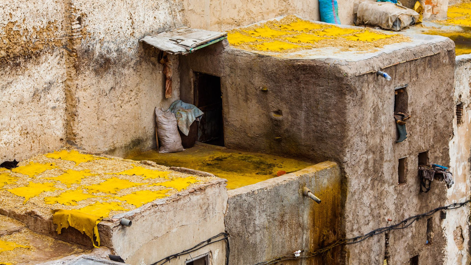 Close-up of traditional leather drying process on rooftops, with yellow-dyed hides spread out to dry in the sun.
