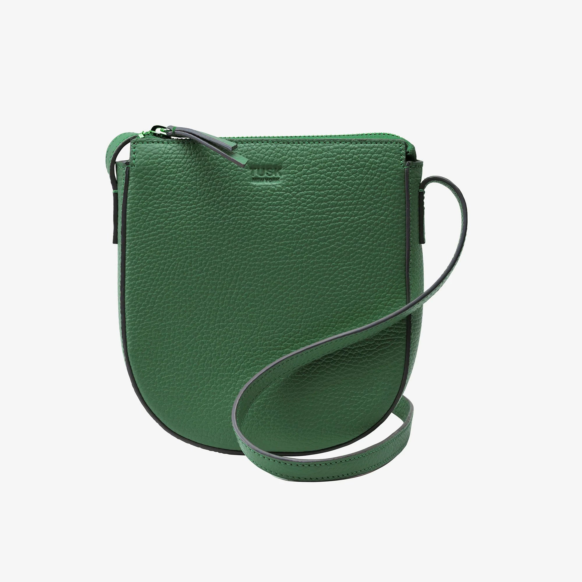 A stylish green leather crossbody bag with a single adjustable strap and a zippered top closure.