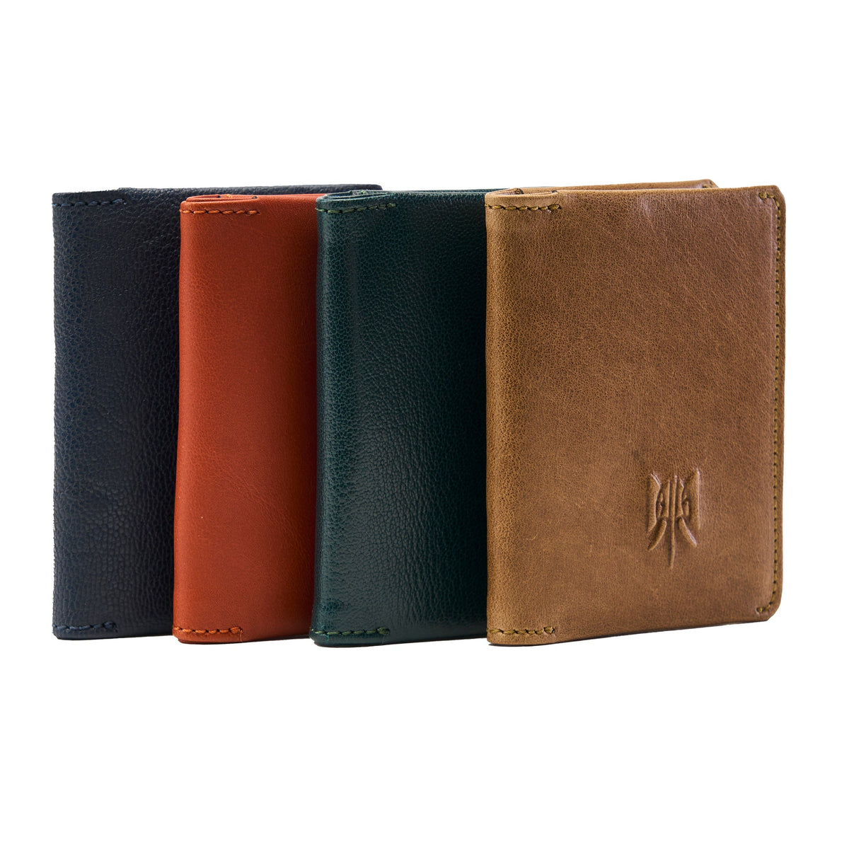 Four leather wallets in black, orange, green, and brown on a white background - GREY