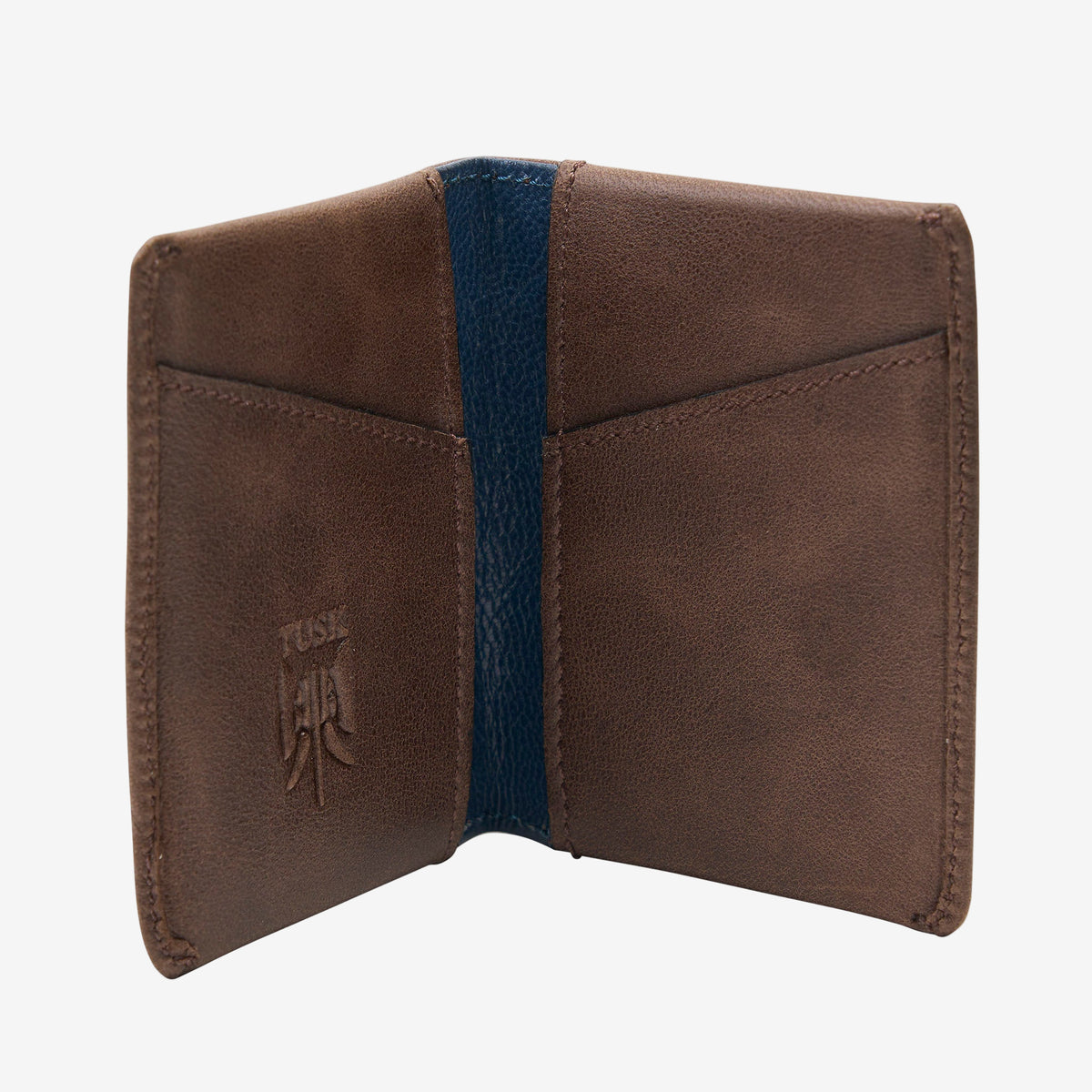 Brown leather wallet with blue interior on a white background - BROWN