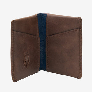 Brown leather wallet with blue interior on a white background - BROWN