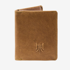Brown leather wallet with a brand logo on a white background - WOOD