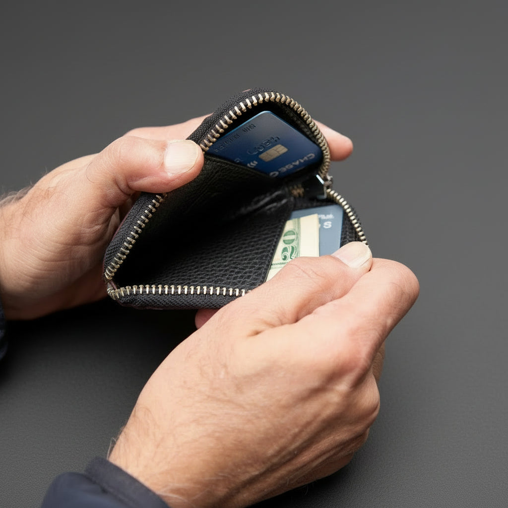 Person opening a black leather wallet with money and cards on a brown surface - BLACK