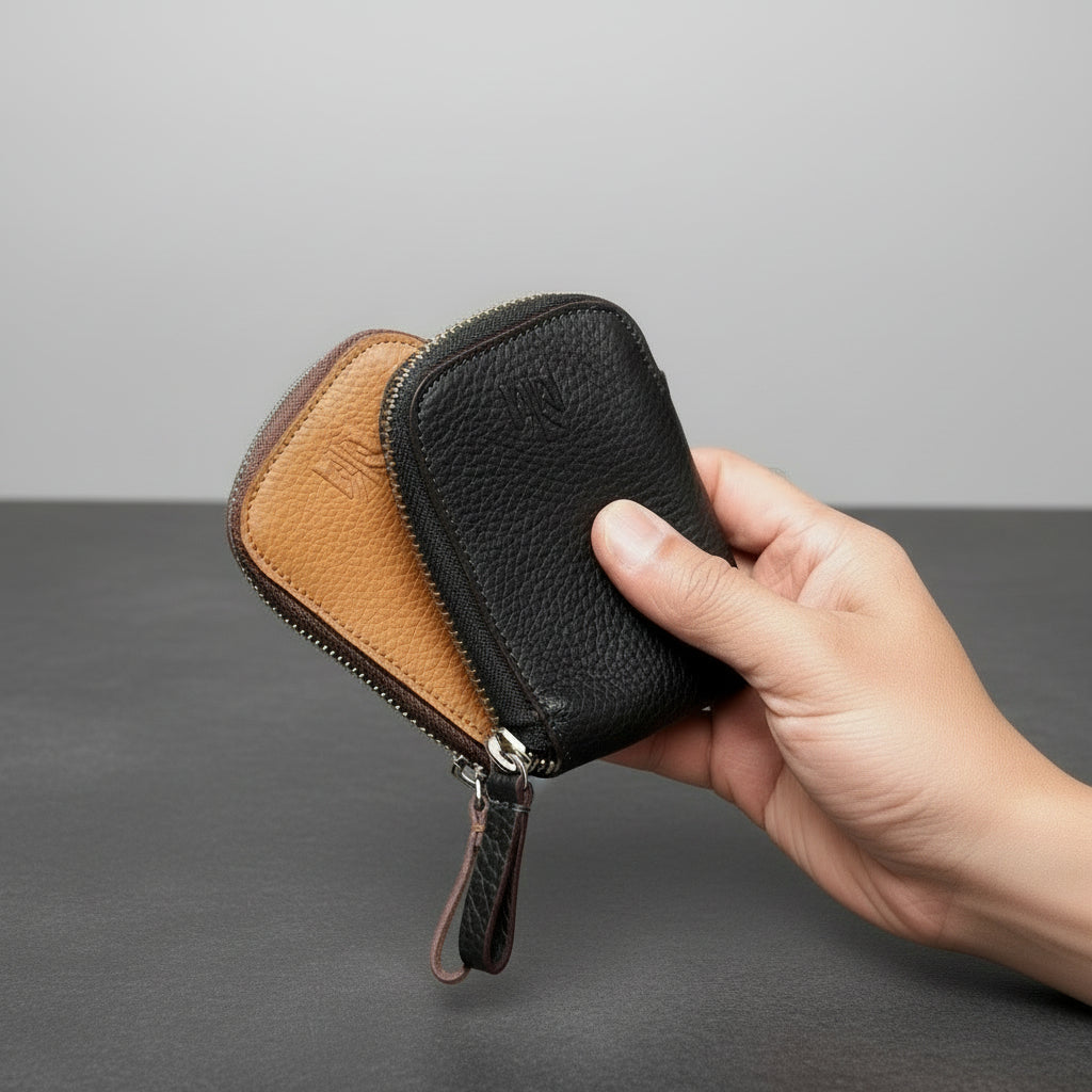 Hand holding a black leather wallet with brown interior on a gray surface - BLACK