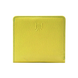 Yellow wallet with a brand logo on a white background