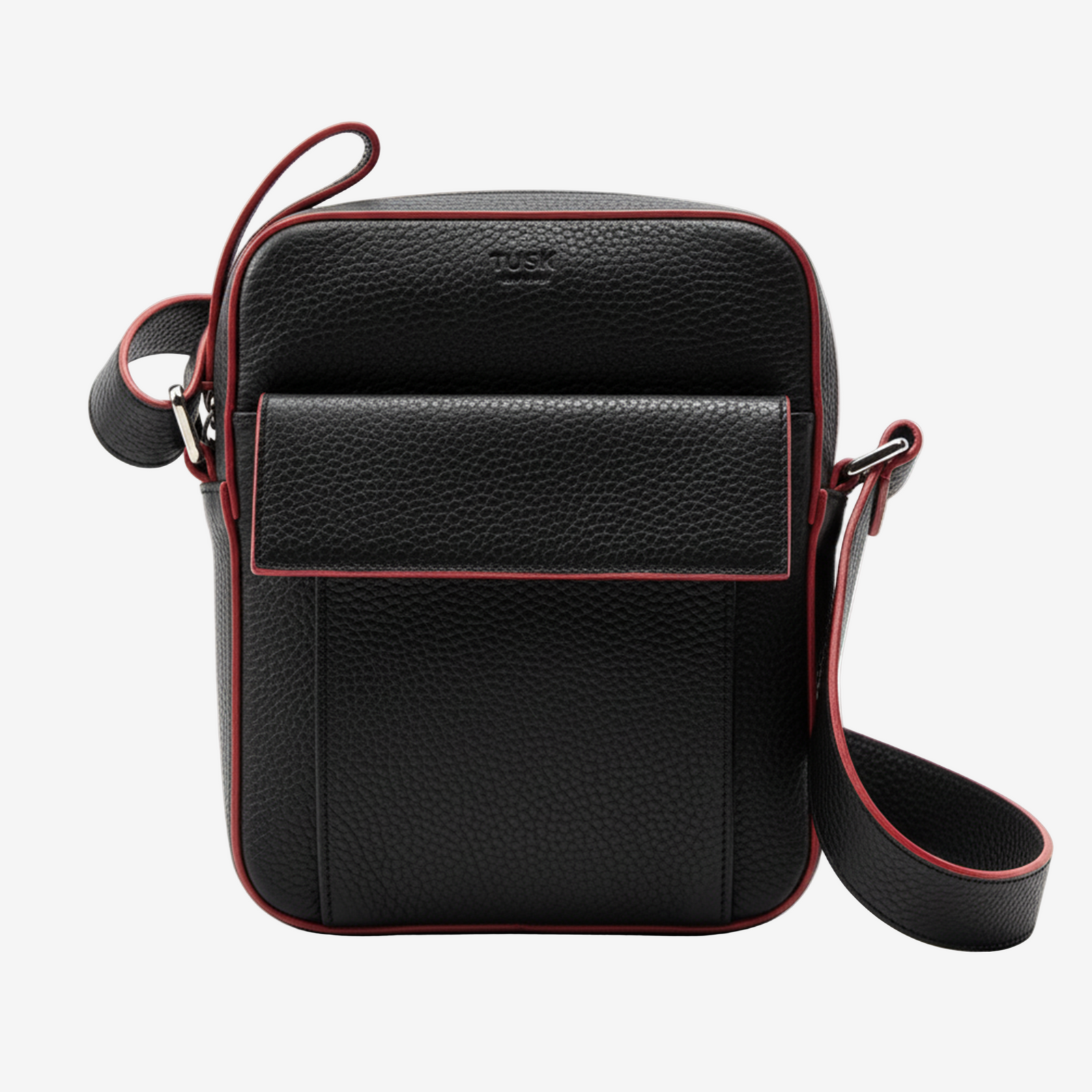 Black leather crossbody bag with red accents on a white background - BLACK