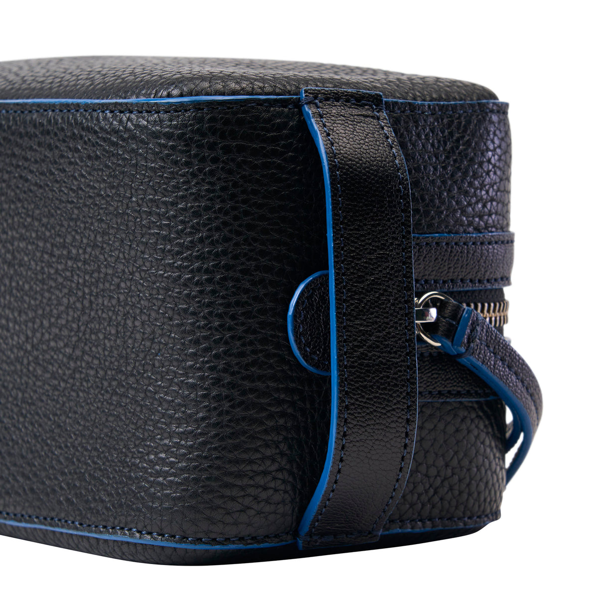 Black textured leather toiletry case with blue accents on a white background - BLACK