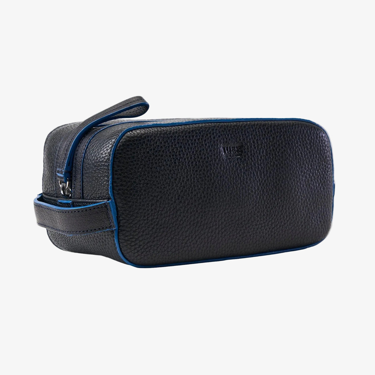 Black leather toiletry bag with blue edgepaint on a white background - BLACK