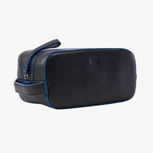 Black leather toiletry bag with blue edgepaint on a white background - BLACK