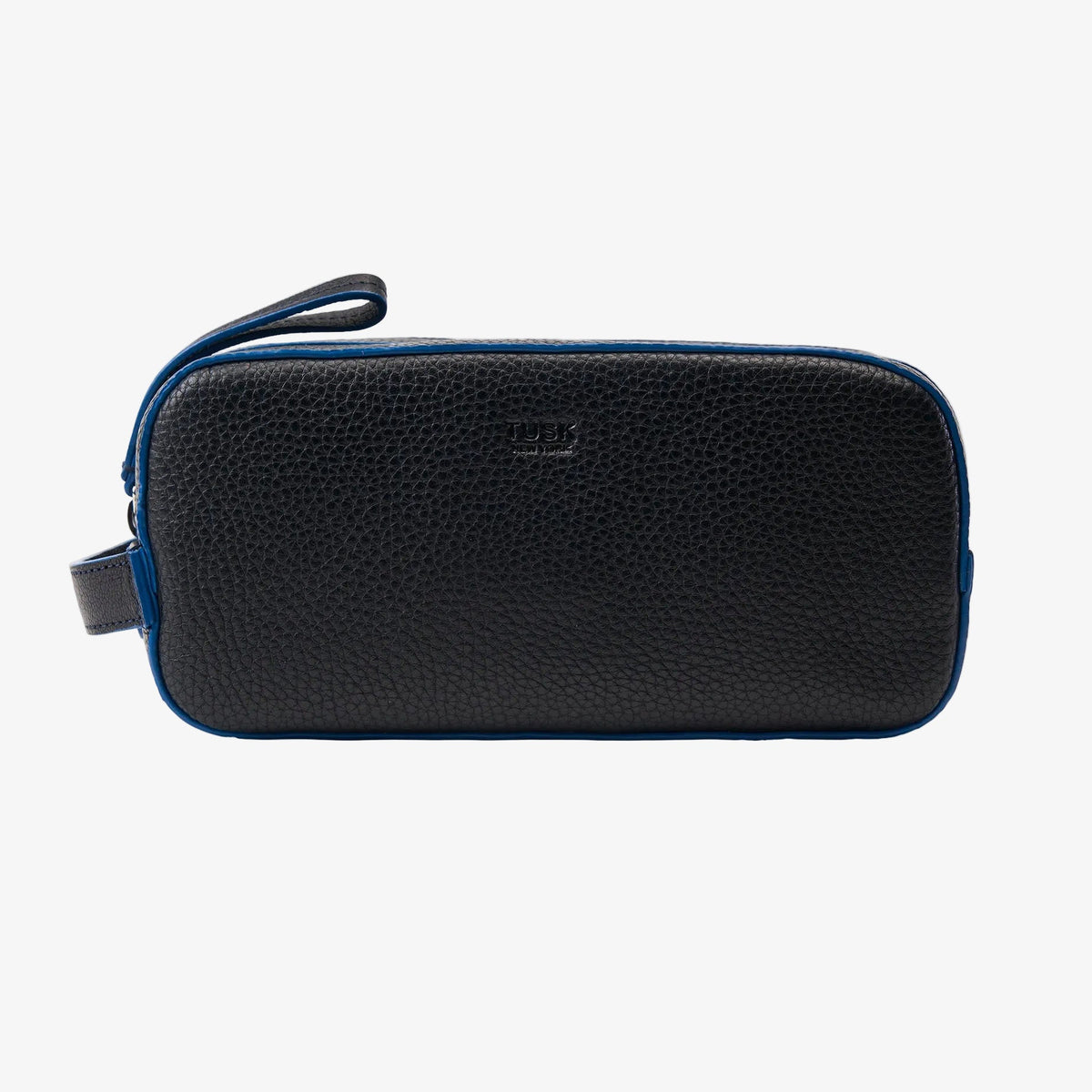 Black leather toiletry case with blue edge paint on a white background - BLACK