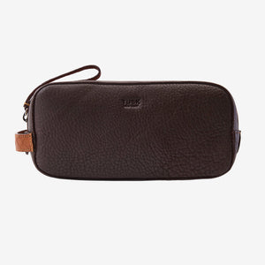 Brown leather toiletry bag with brand logo on a white background - CHOCOLATE