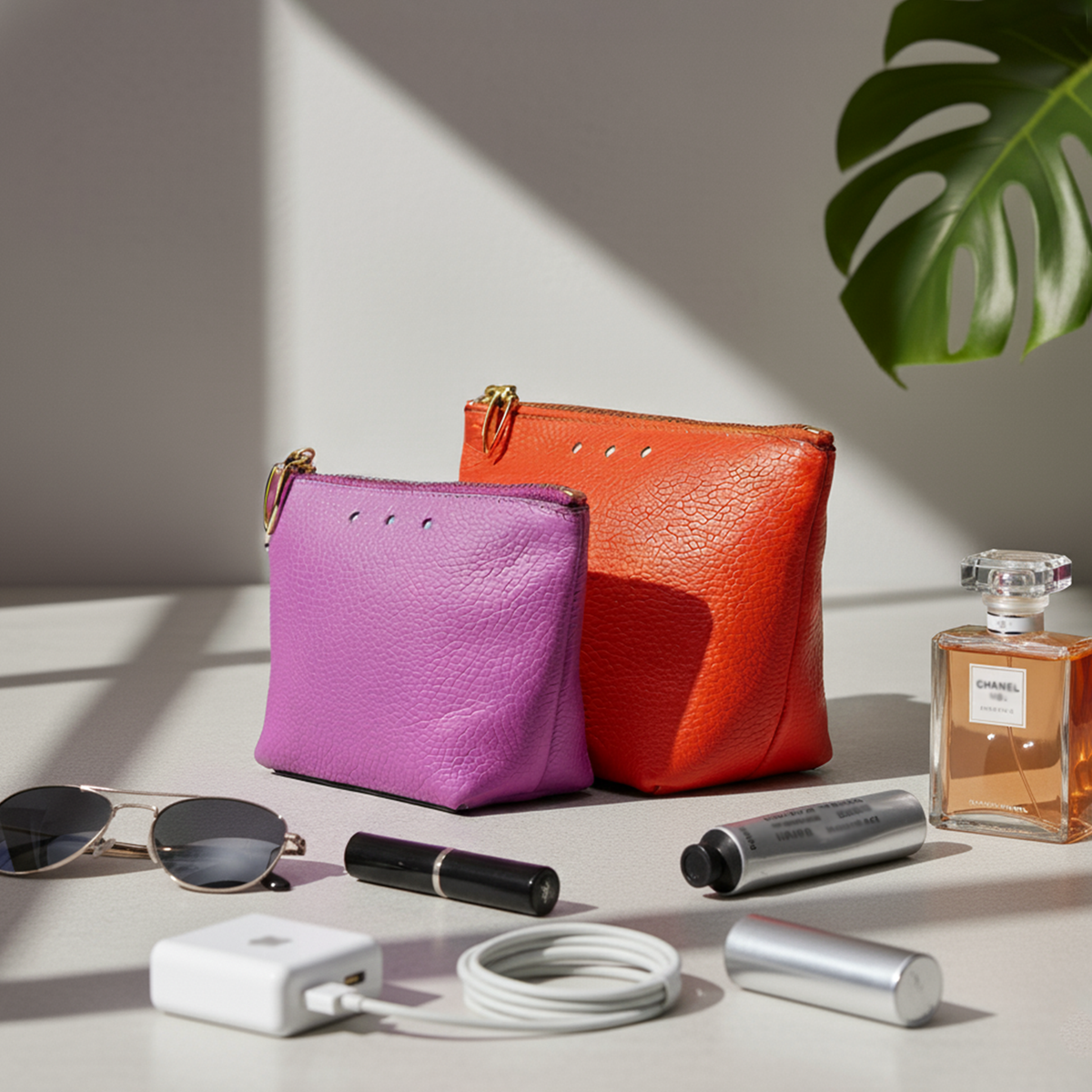 Two colorful pouches, sunglasses, and a bottle of perfume on a light surface with a plant in the background - MAGENTA