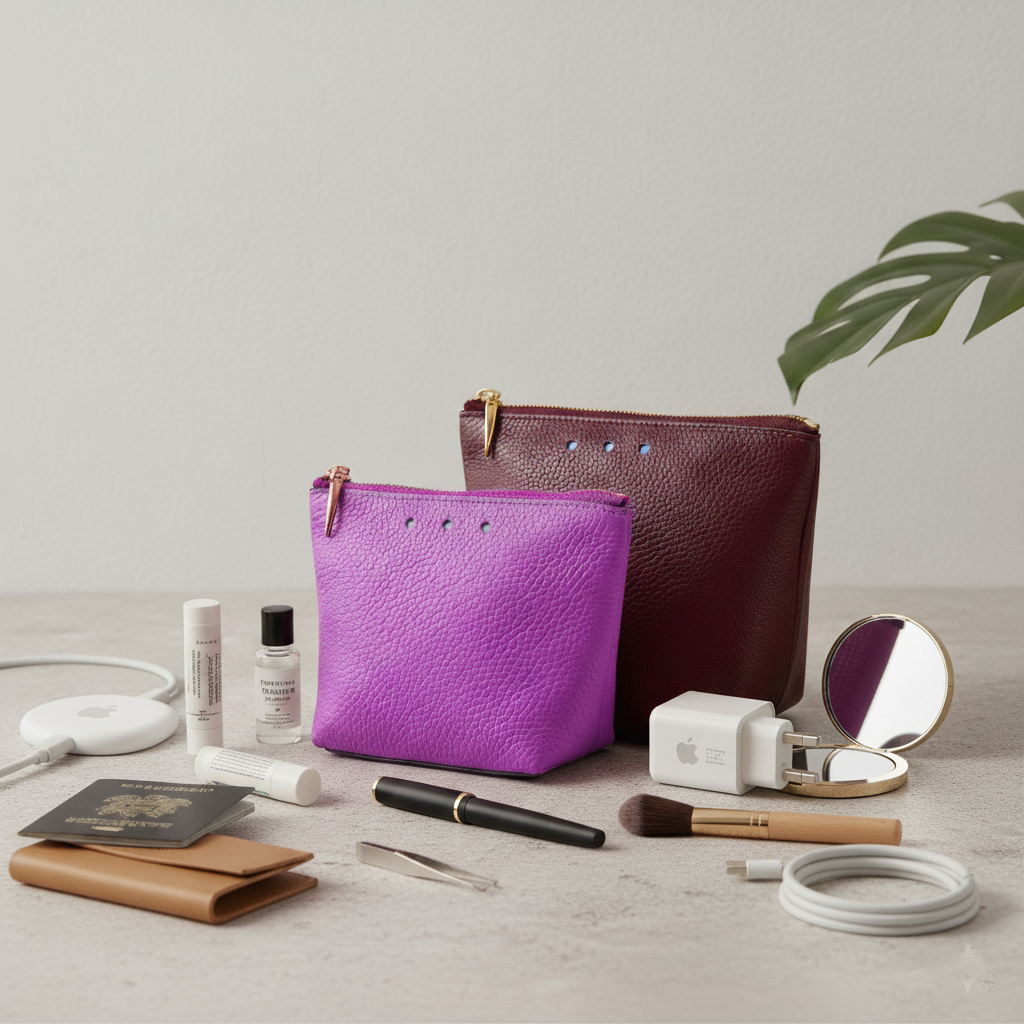 Purple and maroon leather pouches with travel items on a light surface -OXBLOOD