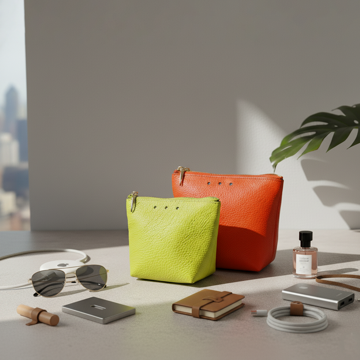 Two colorful pouches on a surface with accessories in a minimalistic setting -ORANGE