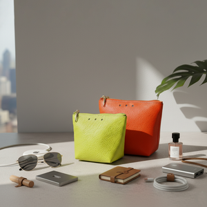 Two colorful pouches on a surface with accessories in a minimalistic setting -ORANGE
