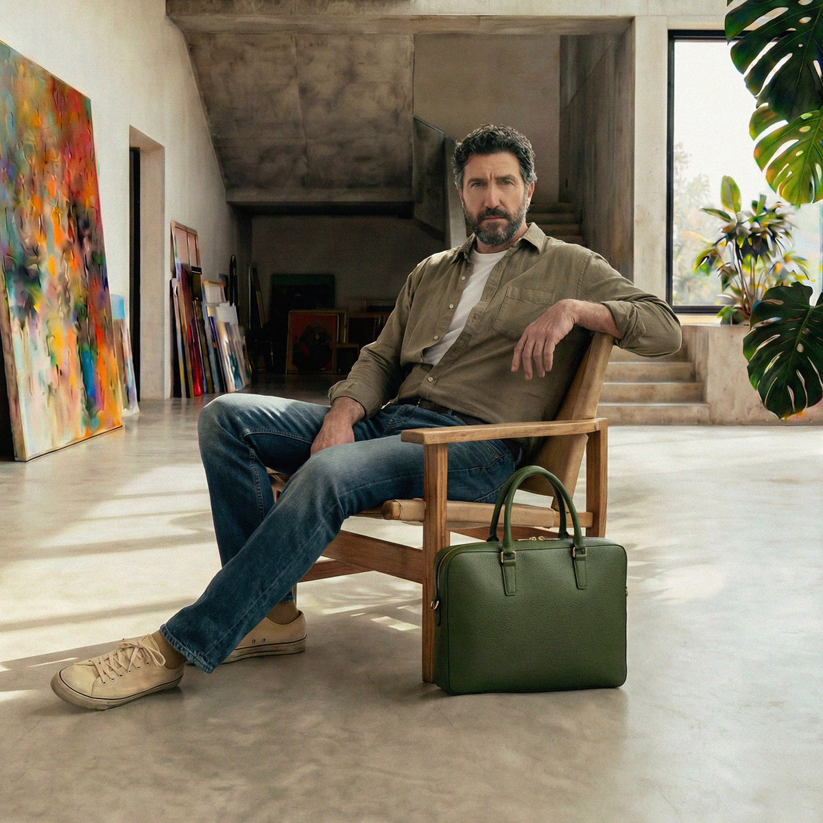 Man sitting in a chair with a green bag next to him in an art gallery setting - FOREST